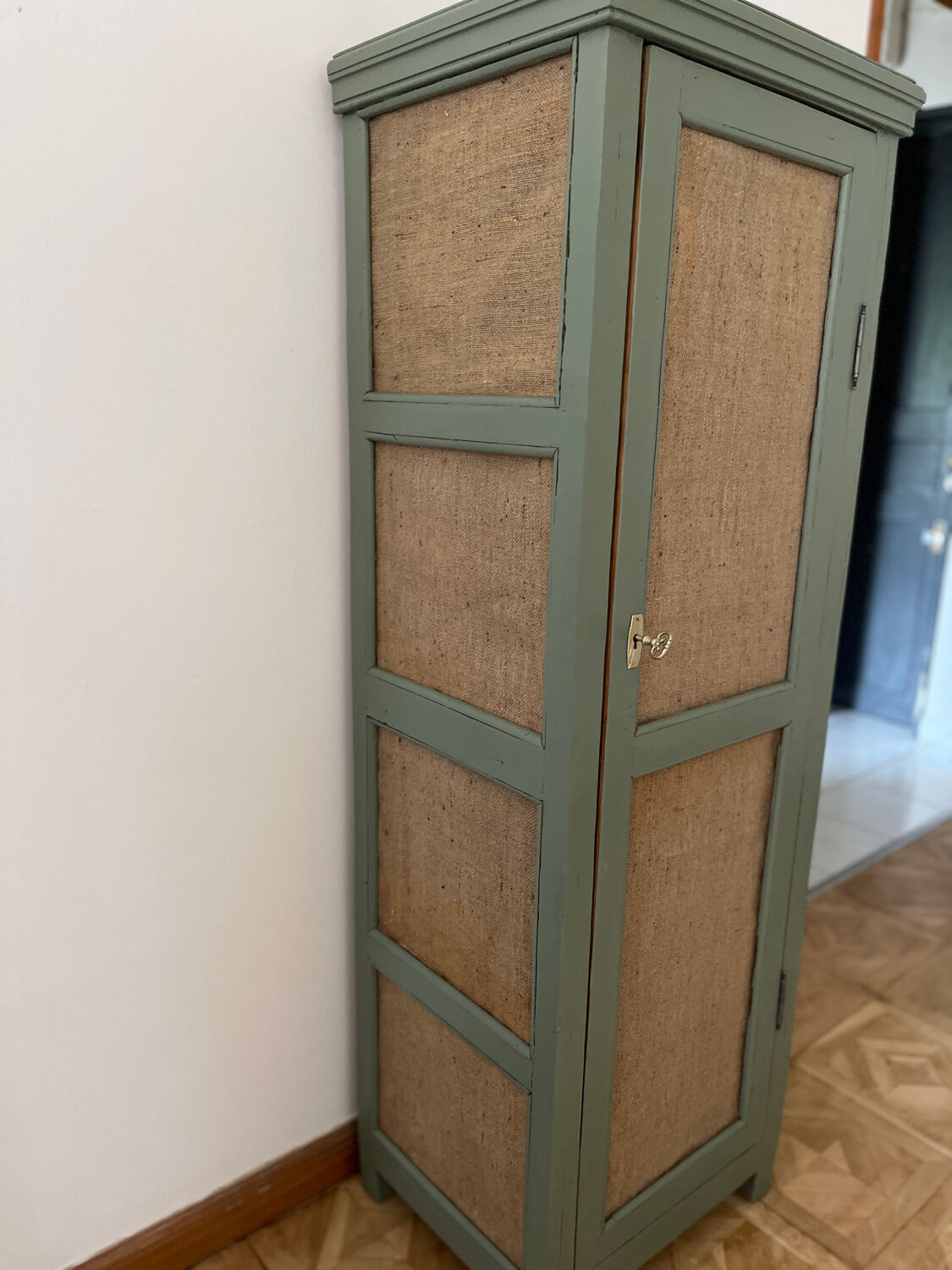 Small green cupboard celadon and jute