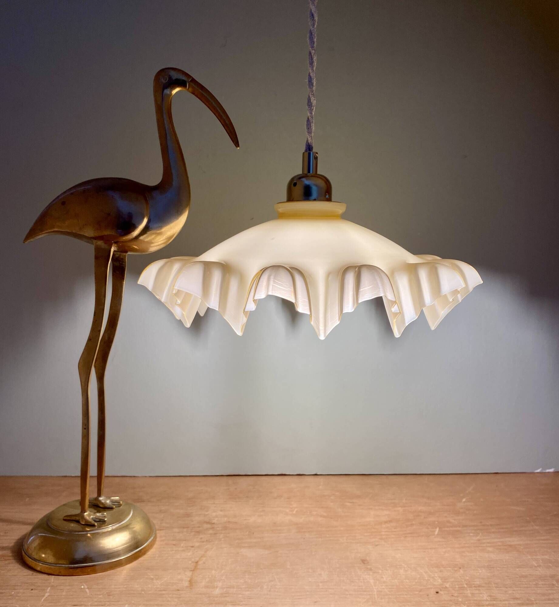 Vintage pale yellow opaline lampshade pendant light