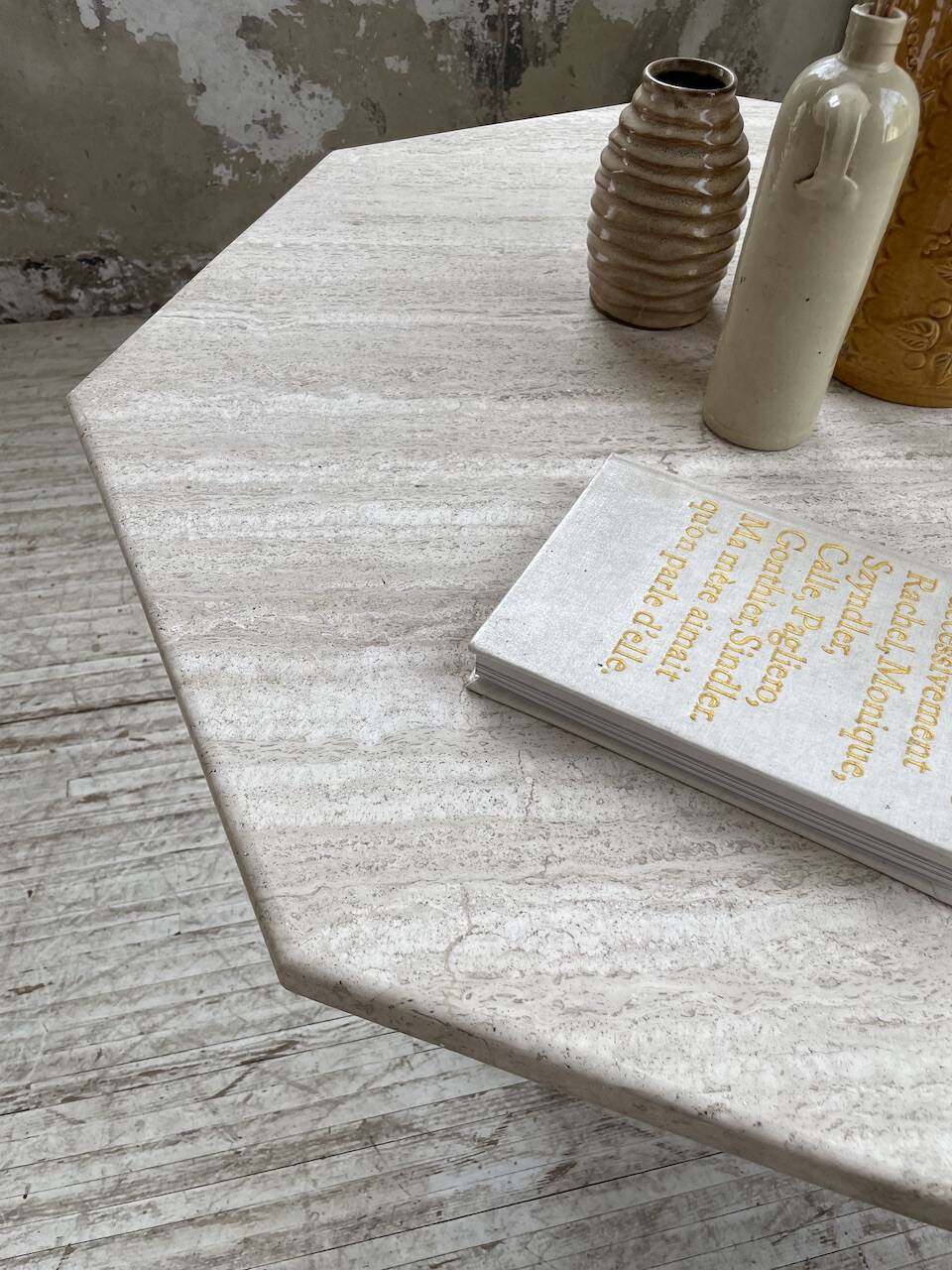 Octagonal travertine coffee table