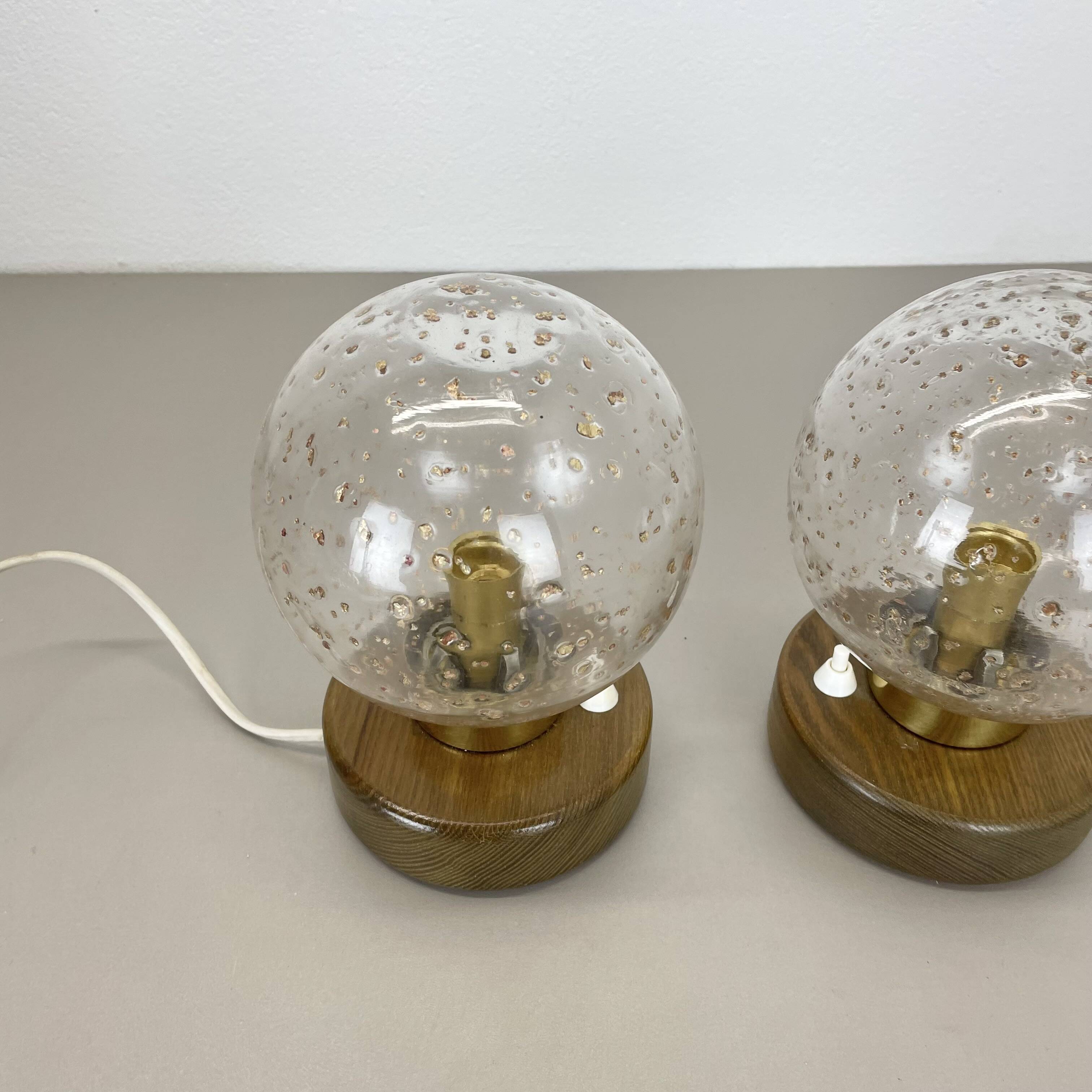 Set of 2 glass ball and oak Wooden Table Lights by Temde Lights, Germany 19