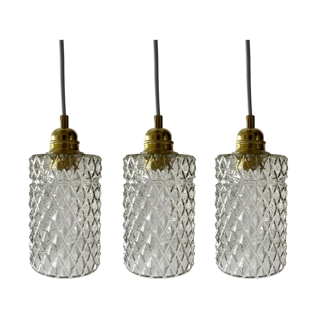Set of three vintage pendant lamps in chiseled glass
