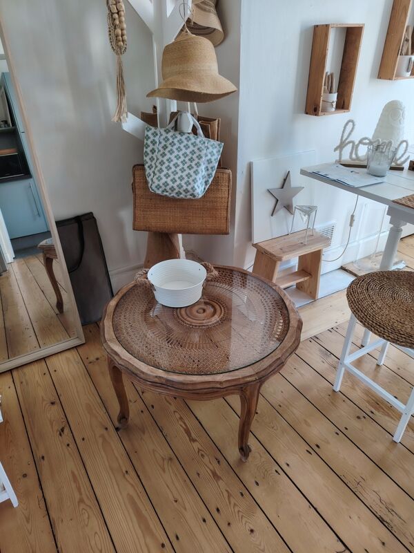 Table basse vintage années 60 – Plateau cannage rayonné