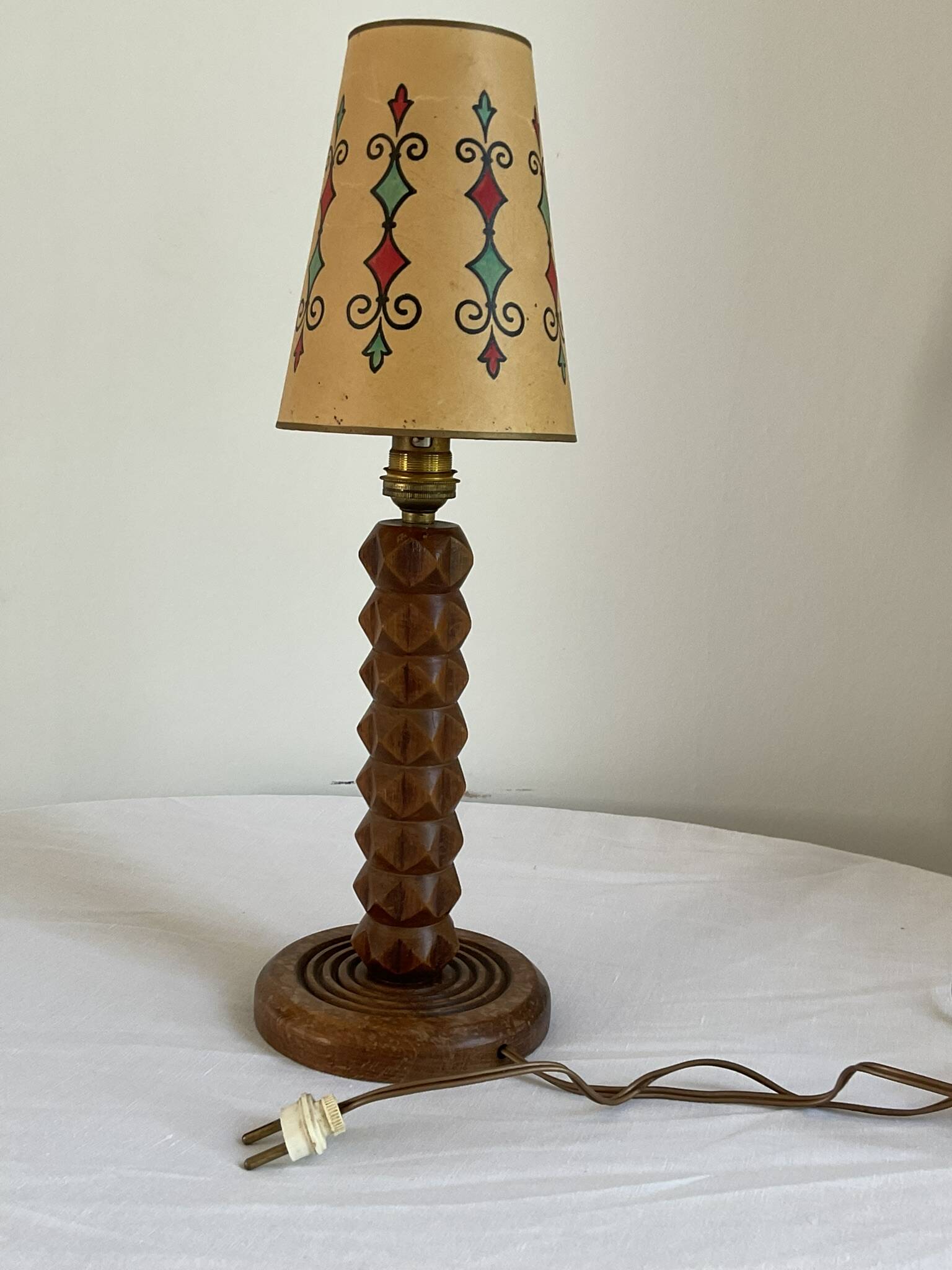 Vintage turned wooden lamp, in the style of Charles Dudouyt.
