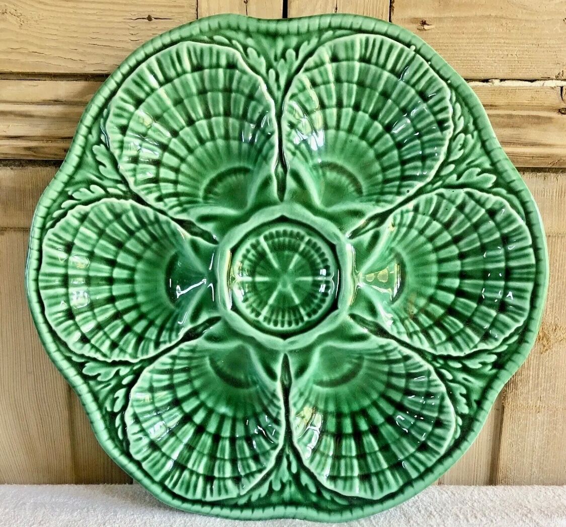 7 old oyster plates Sarreguemines green slurry