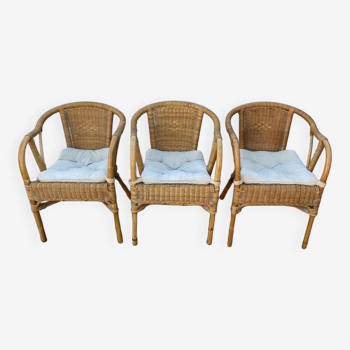 Set of 3 vintage rattan and wicker armchairs