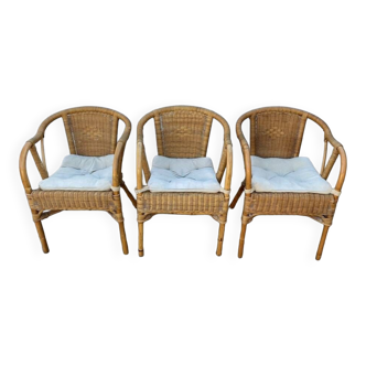 Lot de 3 fauteuils en rotin et osier vintage