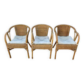 Set of 3 vintage rattan and wicker armchairs