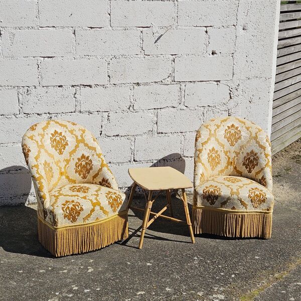 2 fauteuils de cocktail Crapaud vintage français doré beige des années 60