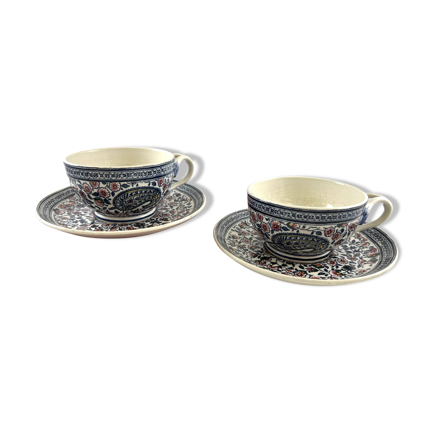 Antique GIEN duo of cups and saucers, Cashmere Bothee decor – French earthenware