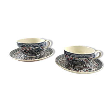 Antique GIEN duo of cups and saucers, Cashmere Bothee decor – French earthenware