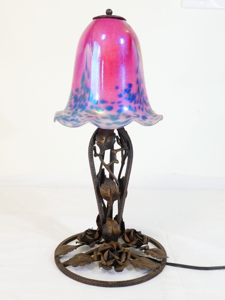 Art deco wrought iron lamp and speckled glass tulip