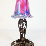 Art deco wrought iron lamp and speckled glass tulip