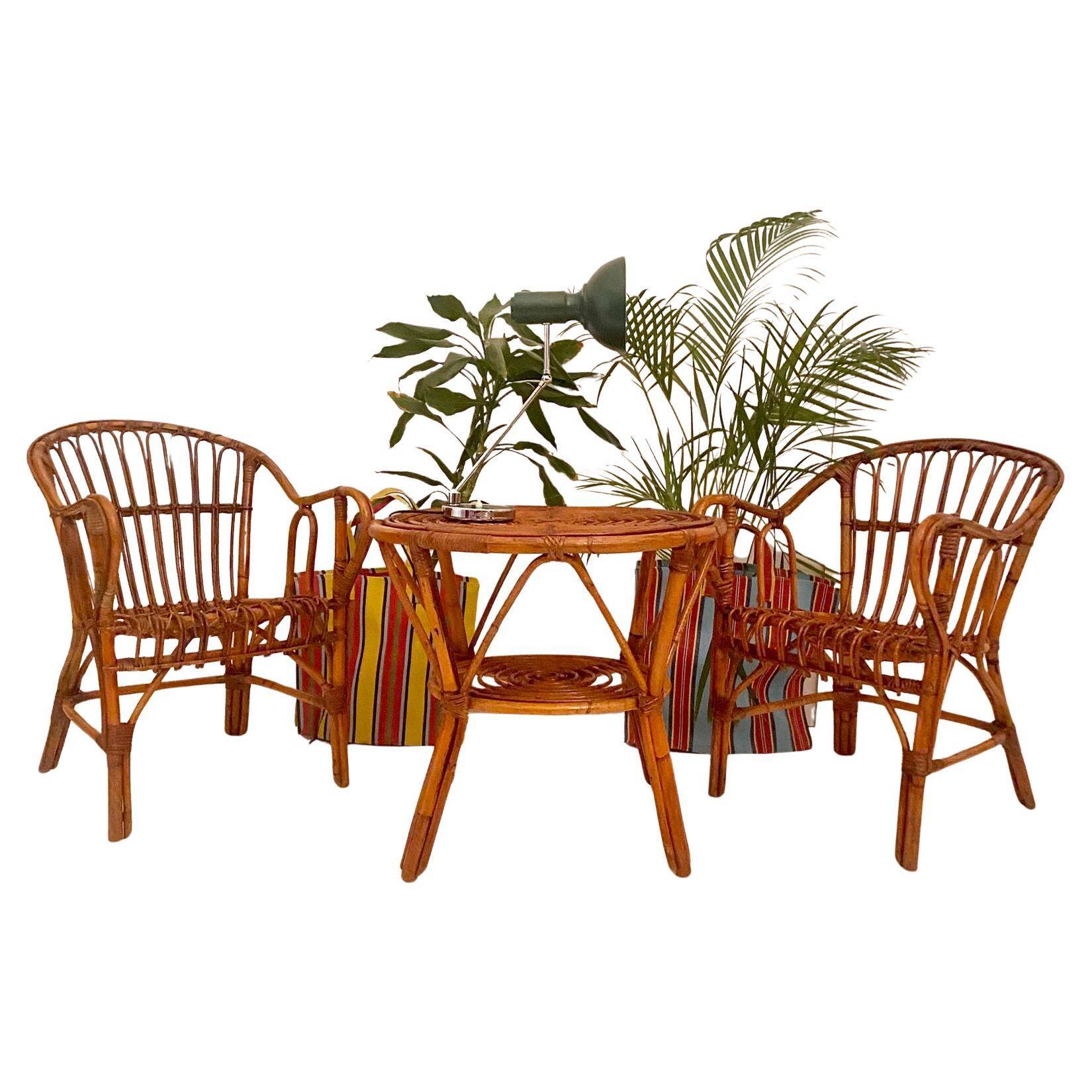 Mid Century Modern Bamboo Chairs and Table Set, Italy 1960s