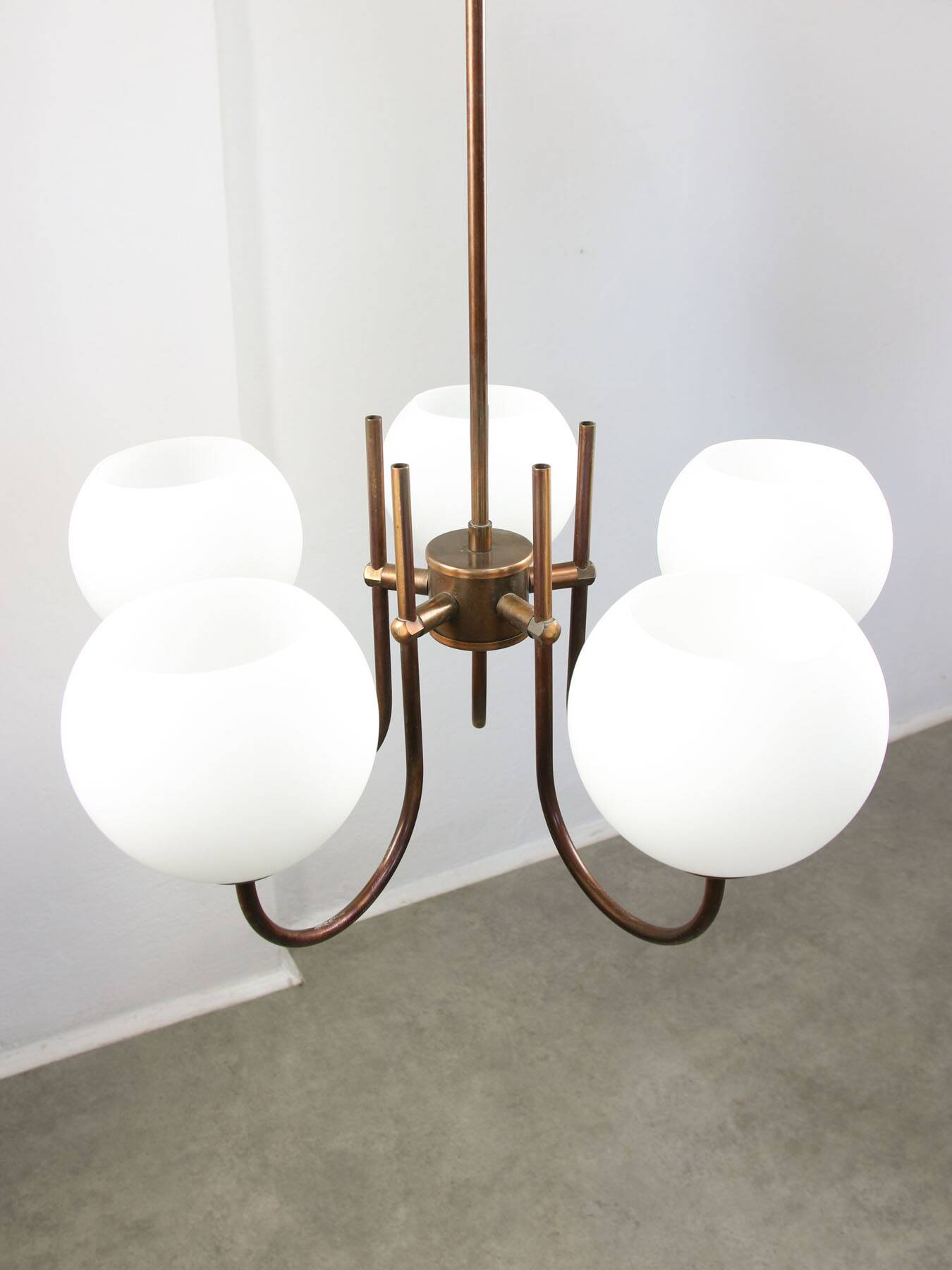Vintage Italian Brass and Opaline Chandelier in Copper Color, 70s