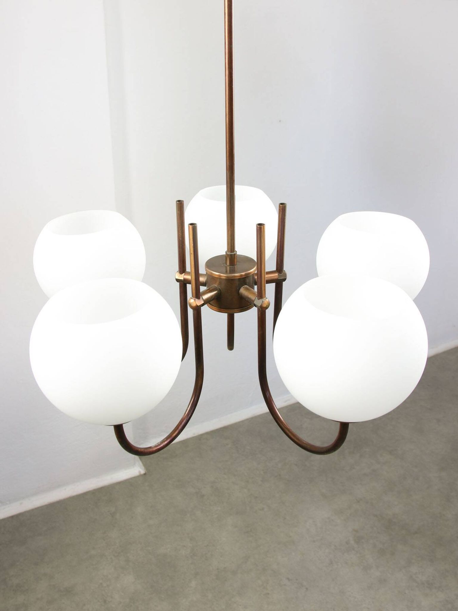 Vintage Italian Brass and Opaline Chandelier in Copper Color, 70s