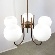 Vintage Italian Brass and Opaline Chandelier in Copper Color, 70s