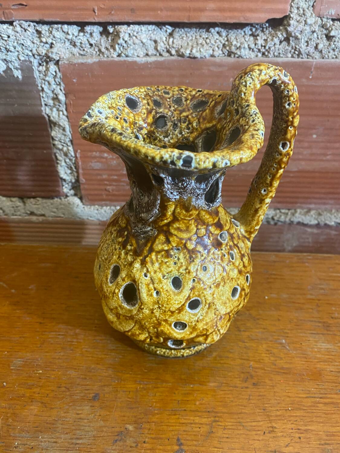 Antique pitcher cyclops enamels honey yellow vallauris fat lava vintage