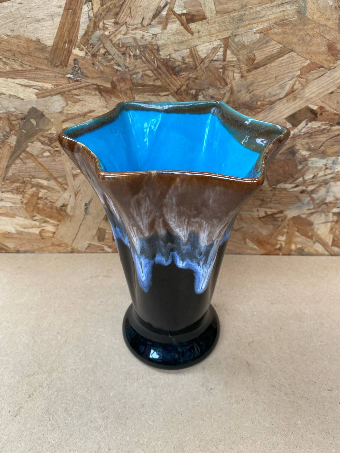 Antique Vallauris Style Ceramic Vase Black Blue Beige Vintage