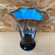 Antique Vallauris Style Ceramic Vase Black Blue Beige Vintage