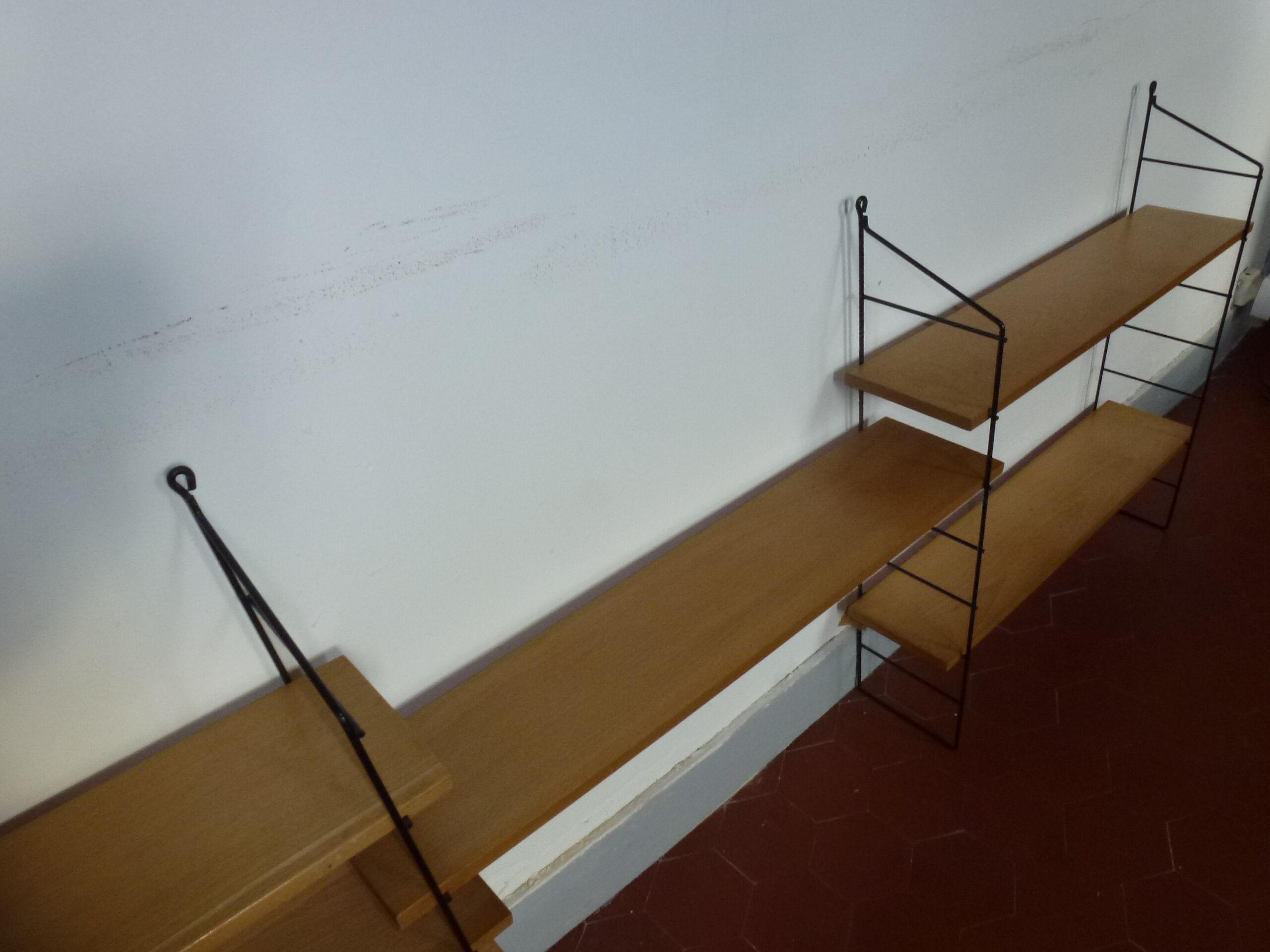 Vintage thong wall shelf, wood and black lace-up metal