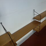 Vintage thong wall shelf, wood and black lace-up metal