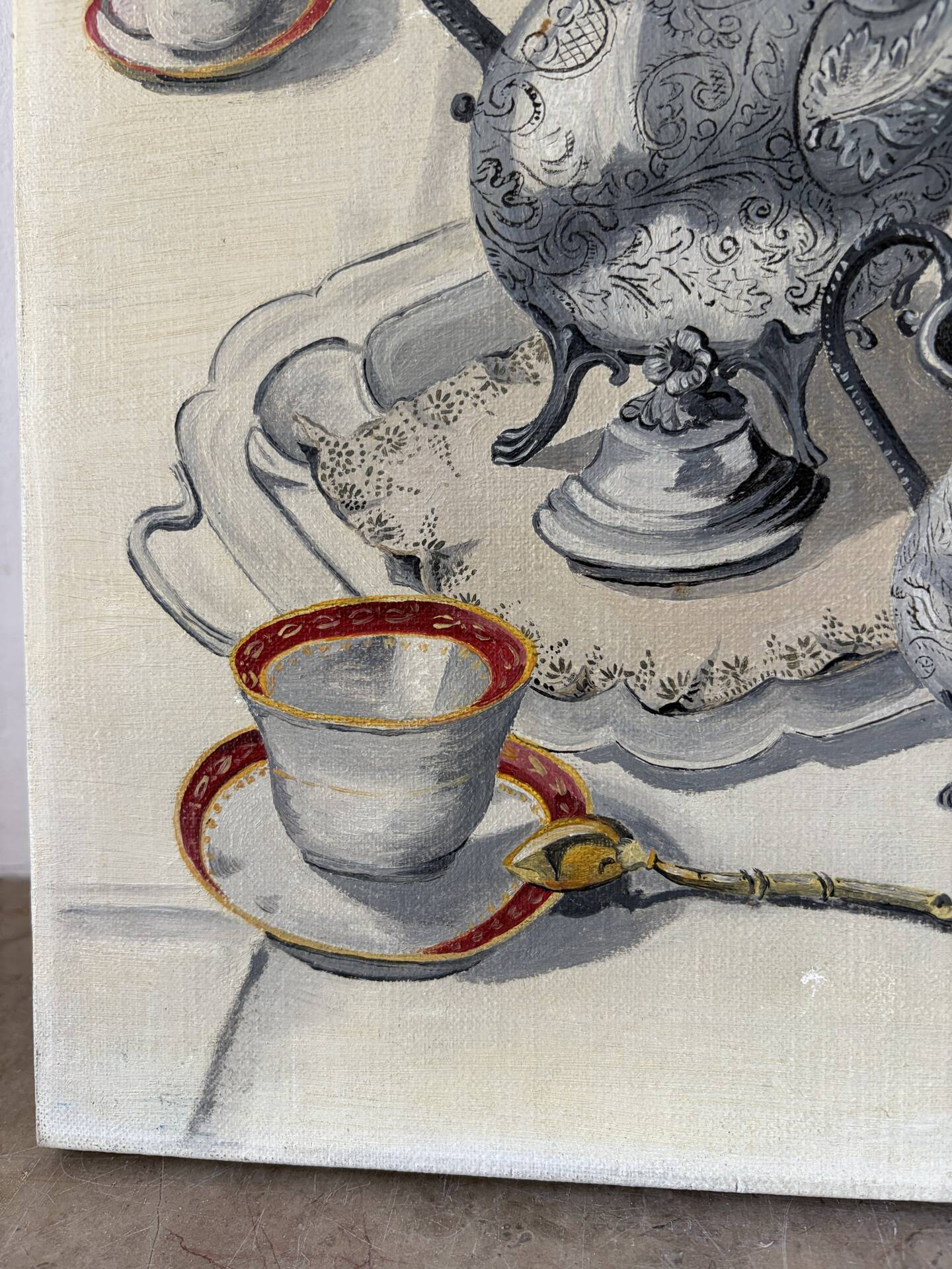The silverware, still life, oil on canvas signed Burton 1983.