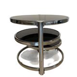 Coffee table with 3 chrome and smoked glass tops.