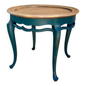Table basse ronde Pieds galbés bleue et bois