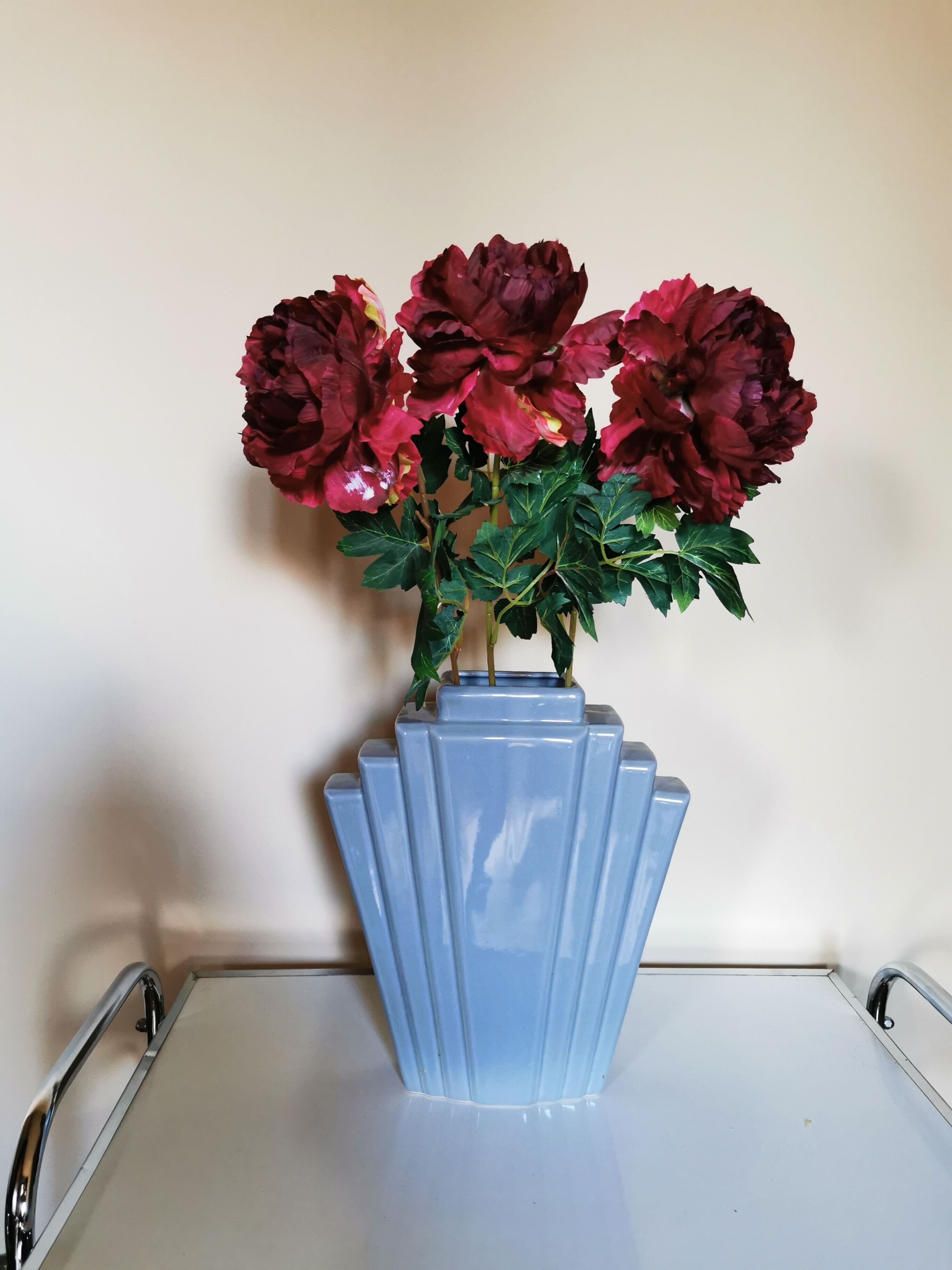 Grey ceramic art deco vase, fan shape.