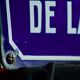 Old Enamelled and bulging "Chemin de la Rente" street plate, in perfect condition, on its cast iron support
