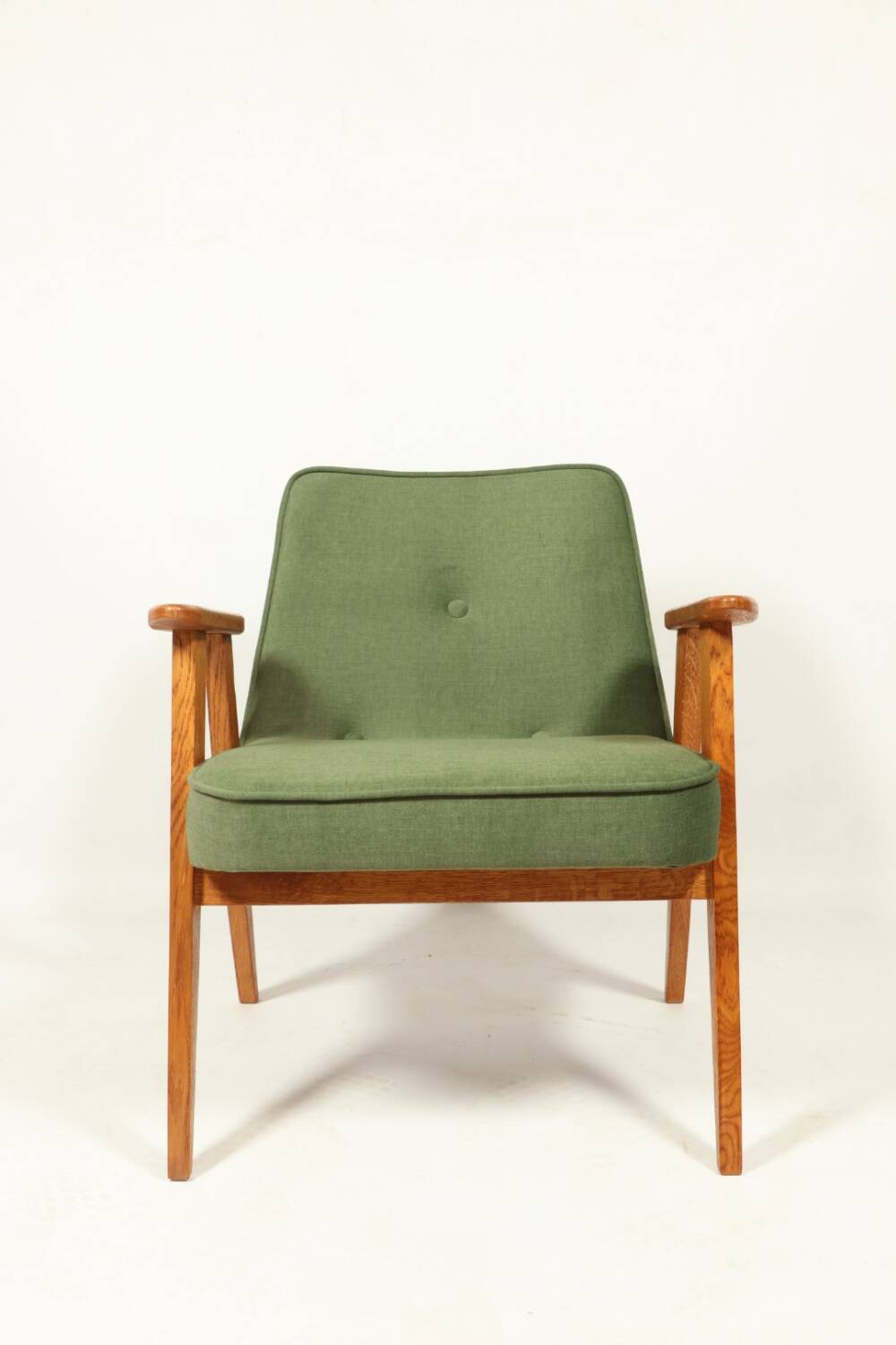 Fauteuil vintage moderne chêne clair vert royal 1962 design par Chierowski