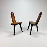 Set of 2 mid century brutalist oak tripod stools, 1960s