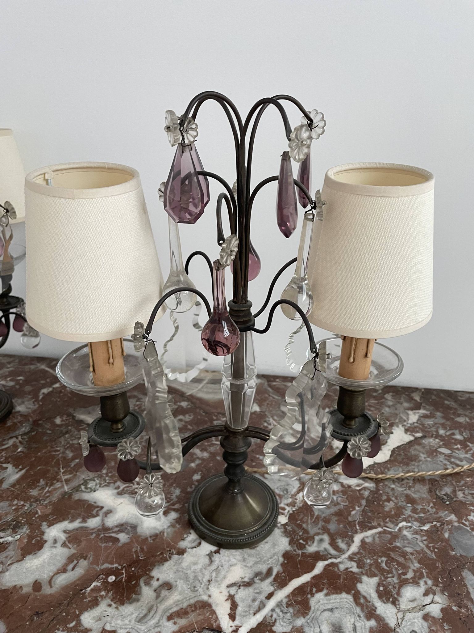 pair of chandeliers, lamp, silver-plated metal, crystal, tassels, florets, pendant, rosettes