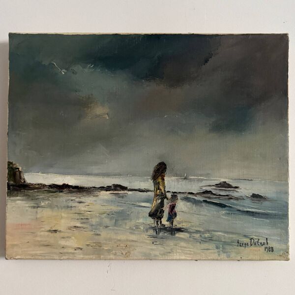 Huile sur toile paysage surréaliste par Serge Doceul 1988 Complicité