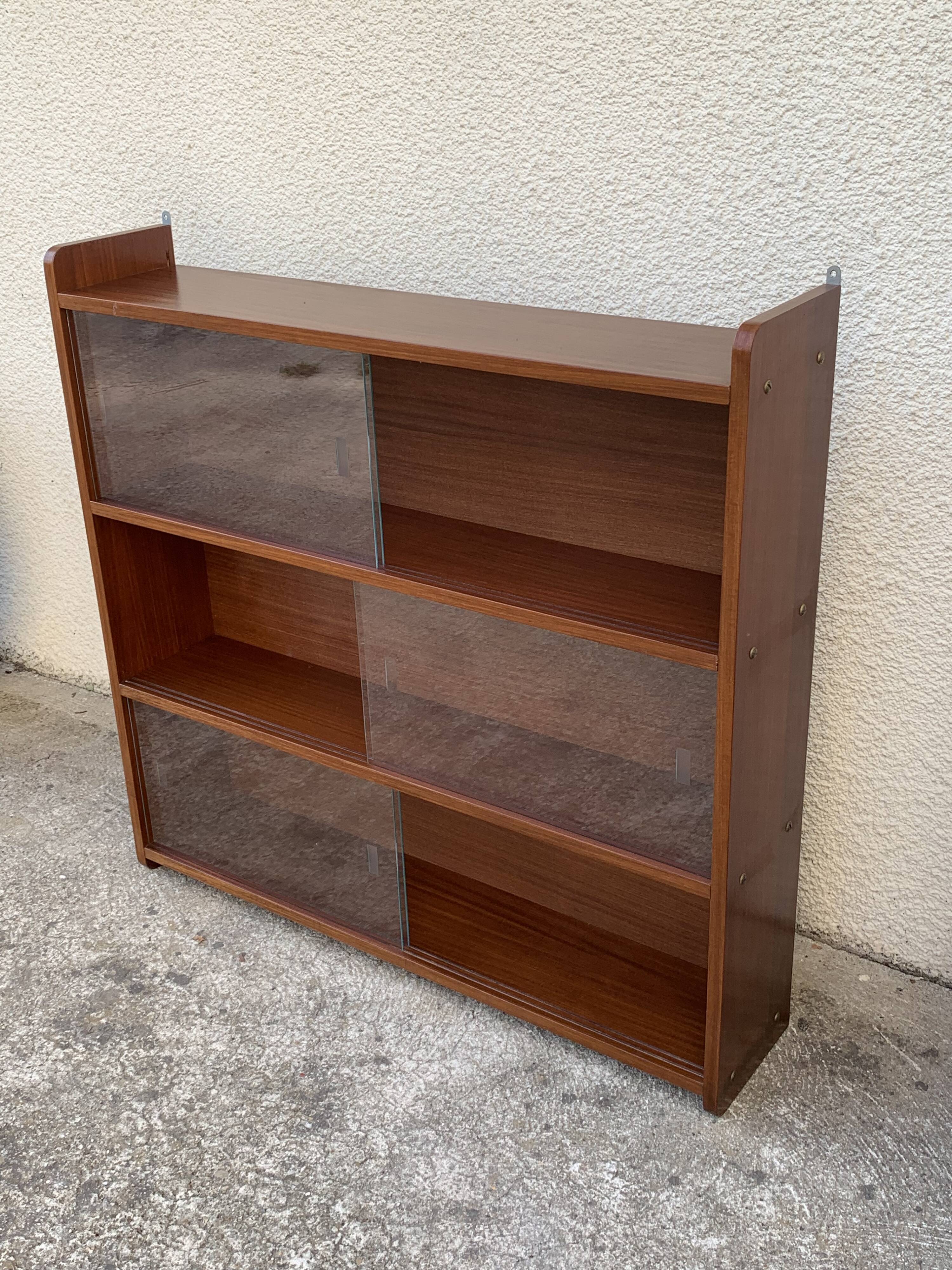 glass wall bookcase in vintage teak 1950