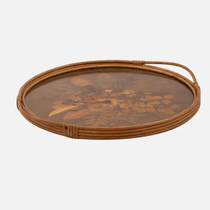 Plateau rond vintage rotin - fleurs séchées sous verre
