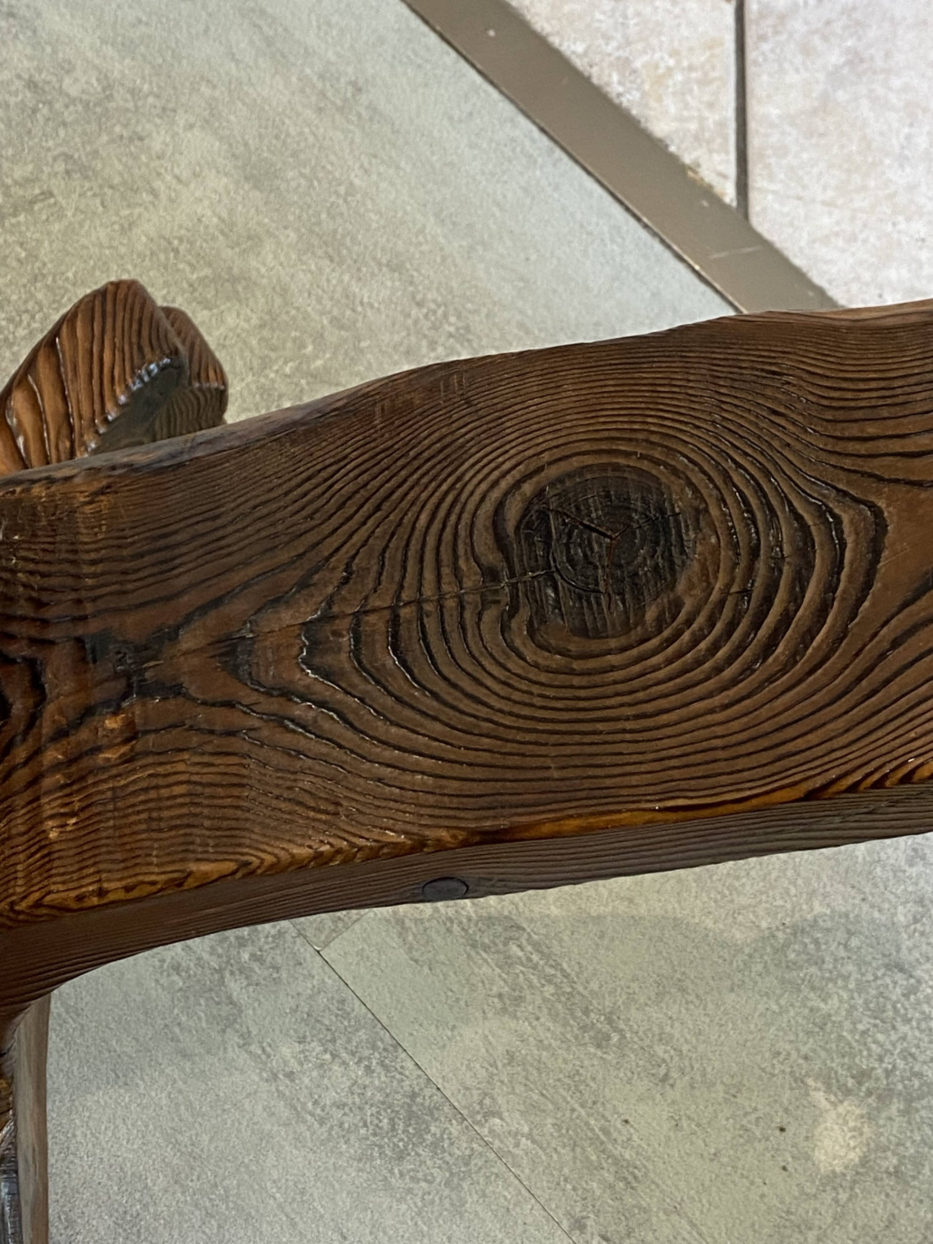 Brutalist tripod chair n1, carved solid wood, antique.