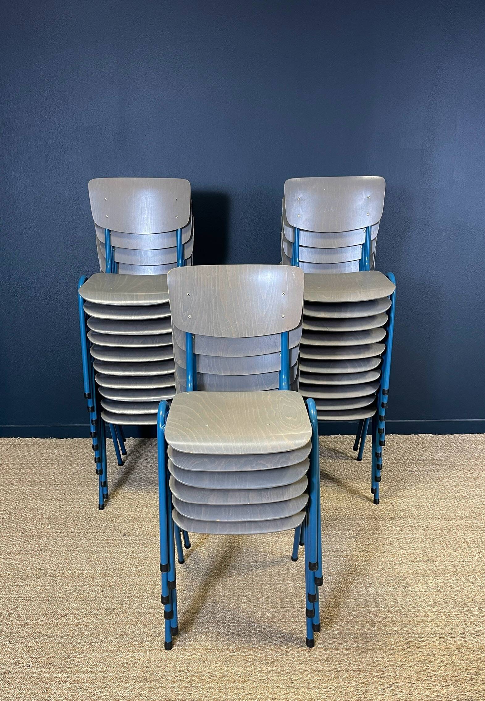 Lot of 25 gray wood school chairs with blue feet Netherlands 70s/80s