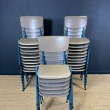Lot of 25 gray wood school chairs with blue feet Netherlands 70s/80s