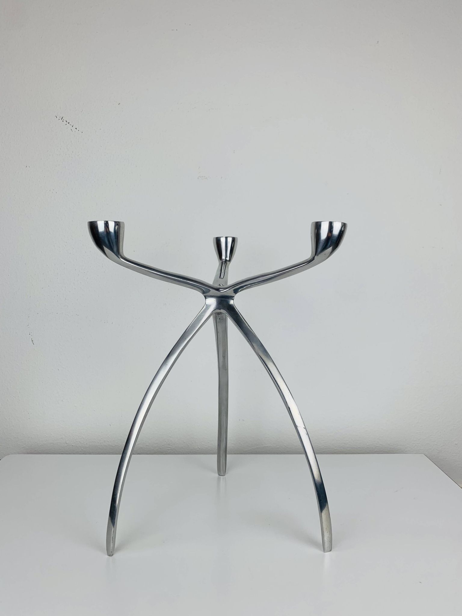 Space Age tripod candle holder by De Bijenkorf in aluminum, 1970s