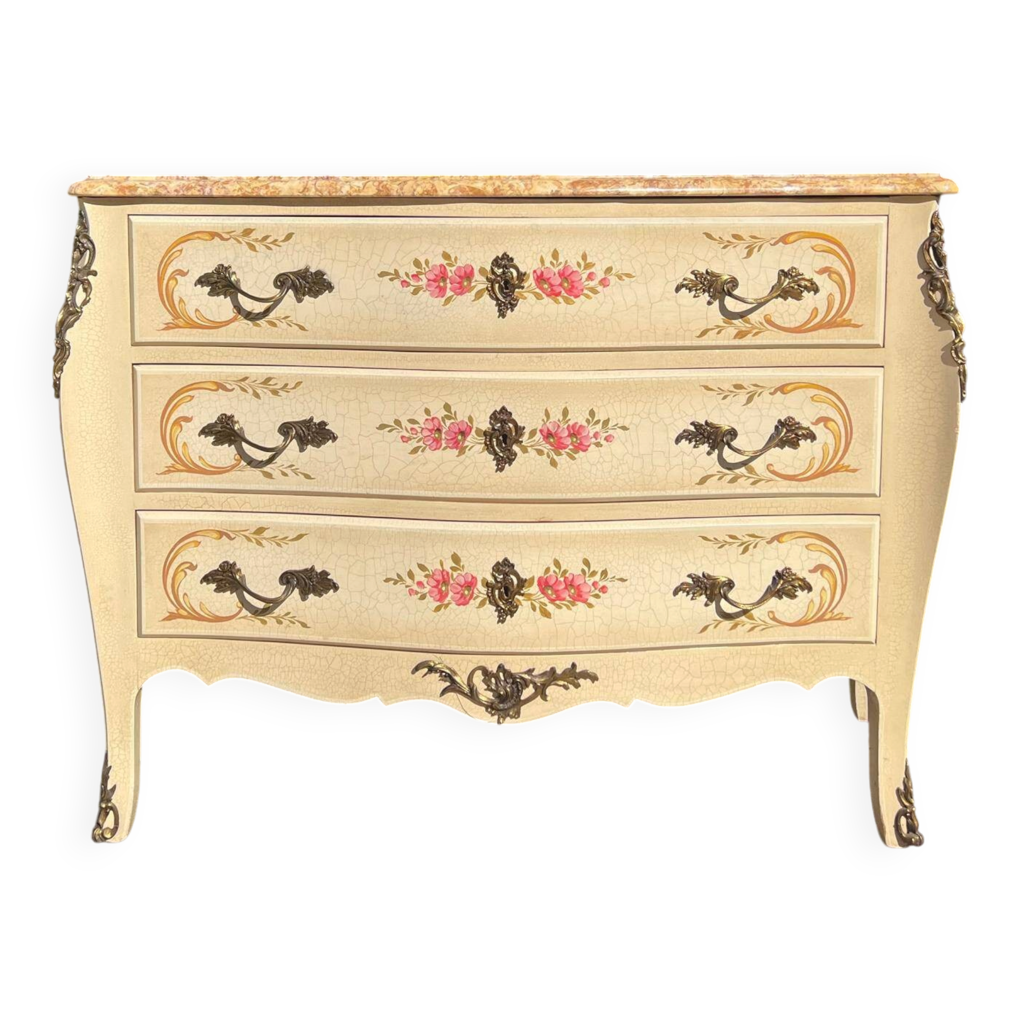 Curved Louis XV style commode in marble with painted floral decoration.
