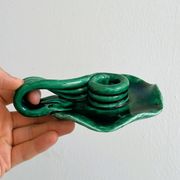 Vintage green glazed ceramic candle holder, organic design.