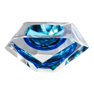 Blue Sommerso ashtray by seguso, faceted glass, murano, italy, 1970