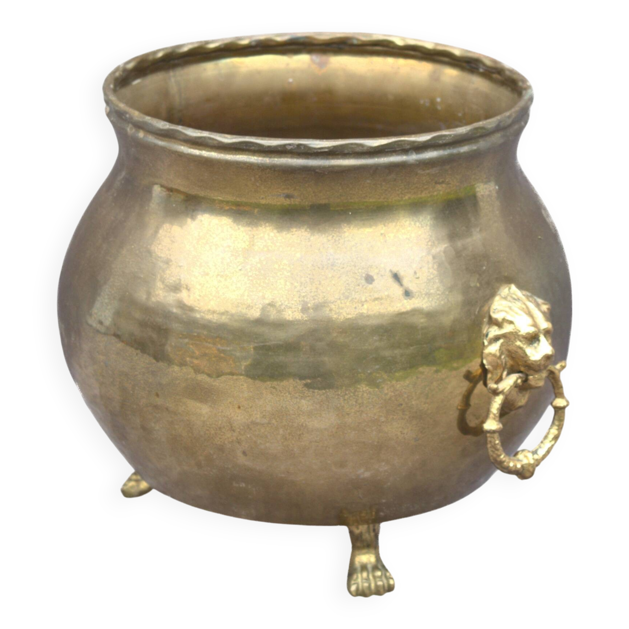 Vintage round flower pot copper brass planter lion feet