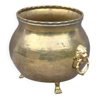 Vintage round flower pot copper brass planter lion feet