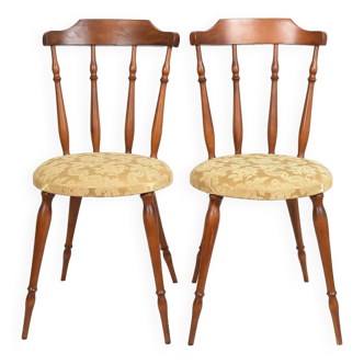 Paire de chaises en bois tourné et tissu, vintage, datant de 1960.
