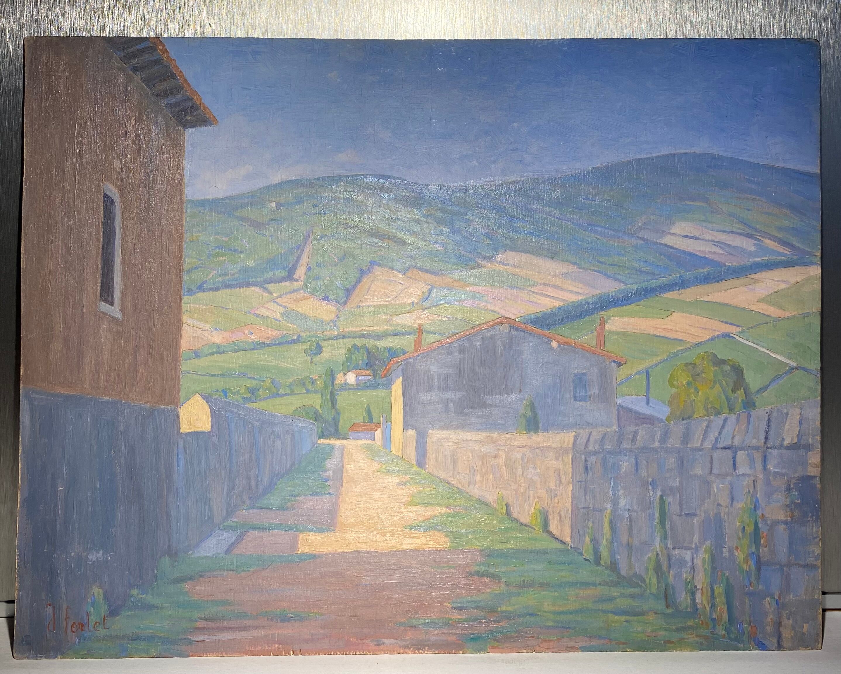 Old painting, landscape Monts du Lyonnais, signed, mid-twentieth century