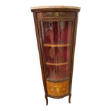 Corner display case in wood veneer with musical instrument marquetry