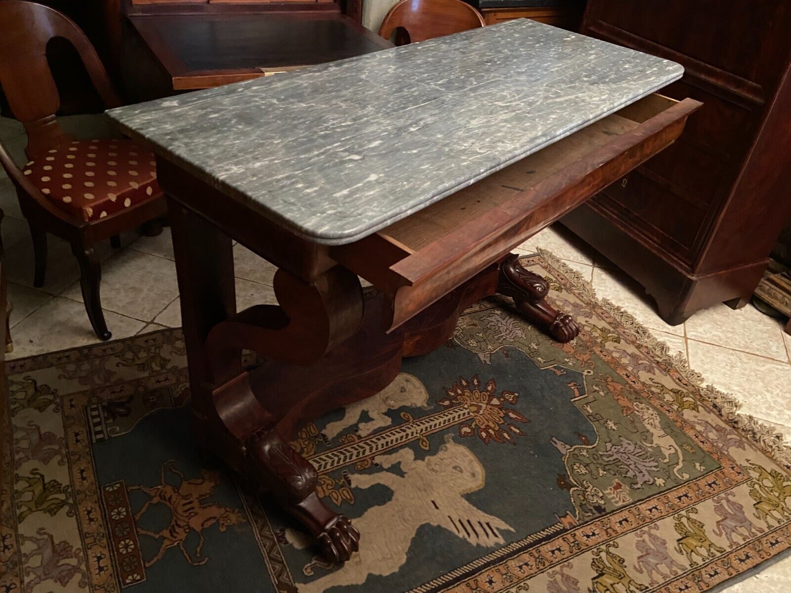 Console on legs claws to a drawer mahogany marble tray Restoration