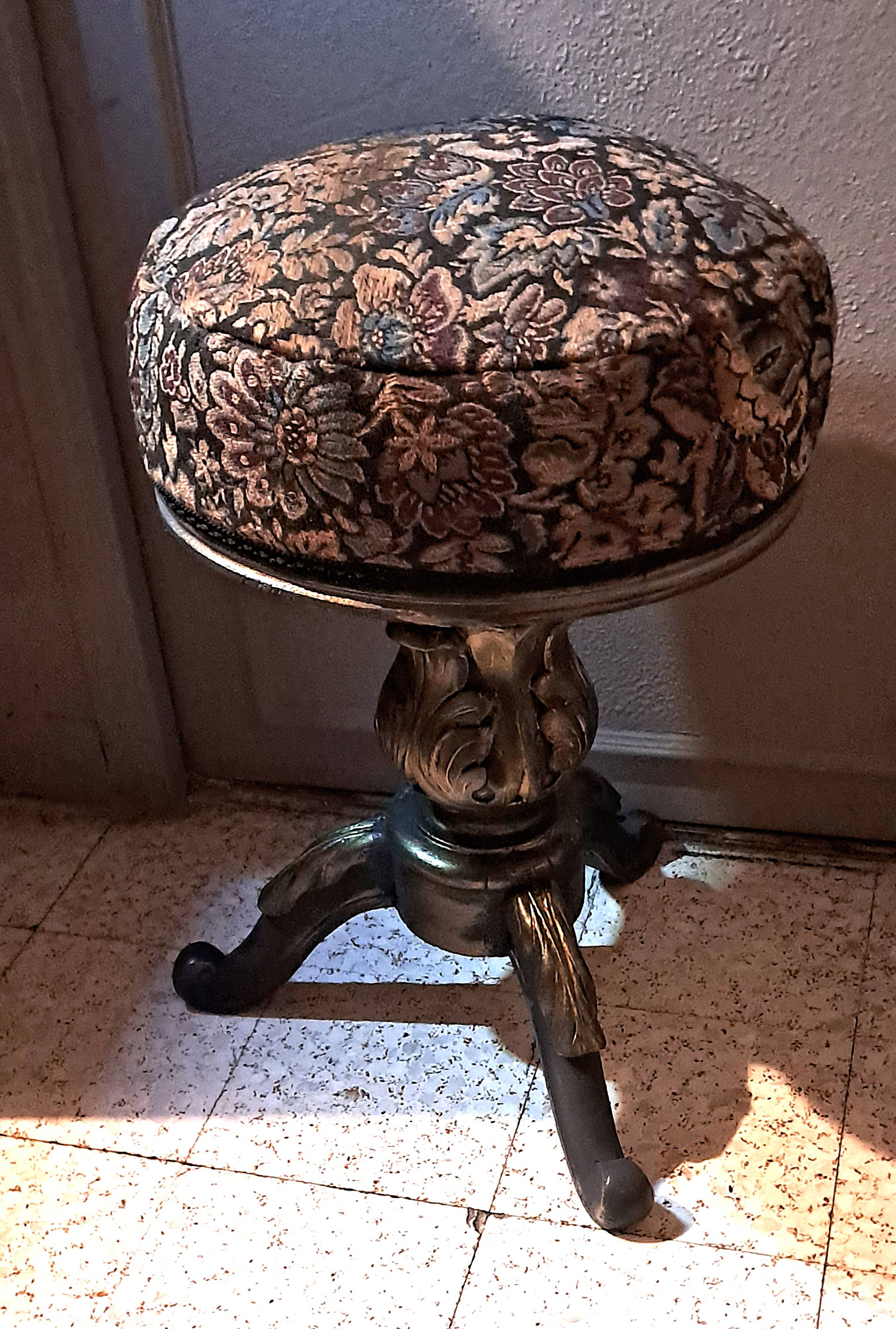 Victorian Piano Stool, Patinated Wood, Upholstered Fabric, 19th Century, France